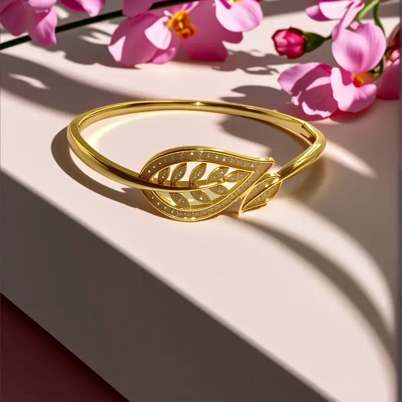 Radiant Brilliance Women's Golden-Tone Leaf Design Bracelet - 3D Inlay & Metal Mirror Finish.