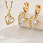 A Set of 3pcs of Stainless Steel Gold-Plated Cubic Zirconia Heart Earrings, Featuring a Light Luxury Romantic Style.