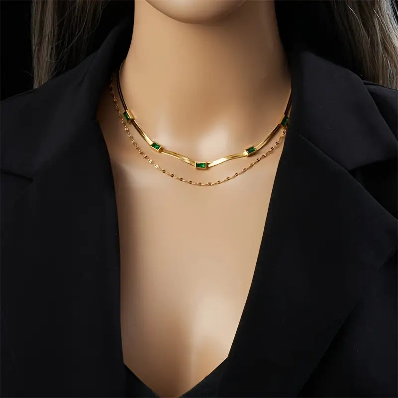 European And American Fashion Retro High-End Temperament Double-Layer Stacked Collarbone Chain Square Synthetic Gemstone Accessory Necklace