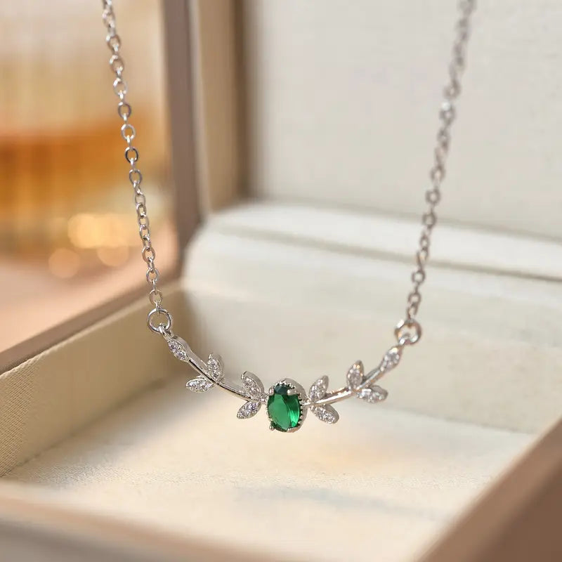 Elegant Copper Leaf & Branch Necklace with Cubic Zirconia for Women.