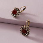 Women's Vintage Floral Stud Earrings - Golden-Tone Rhinestone Flower Jewelry with Green Gemstone