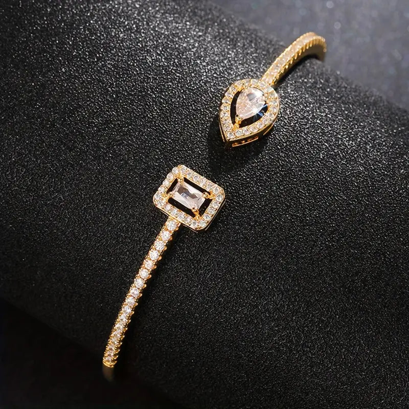 Elegant Geometric Cuff Bracelet with Sparkling Cubic Zirconia - Chic Women's Fashion Jewelry for Everyday & Festivals