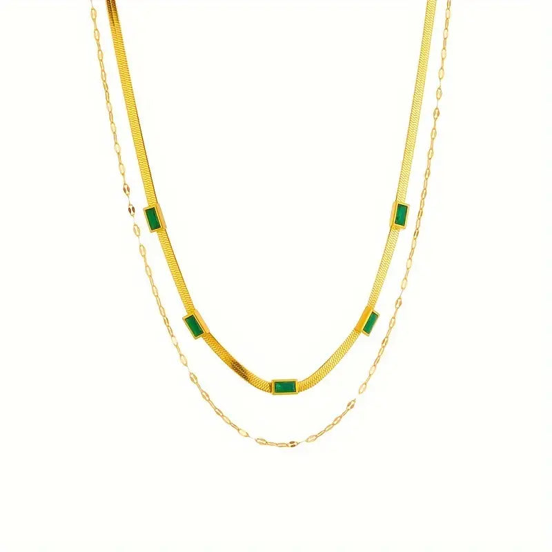 European And American Fashion Retro High-End Temperament Double-Layer Stacked Collarbone Chain Square Synthetic Gemstone Accessory Necklace