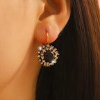 Women's Vintage Floral Stud Earrings - Golden-Tone Rhinestone Flower Jewelry with Green Gemstone