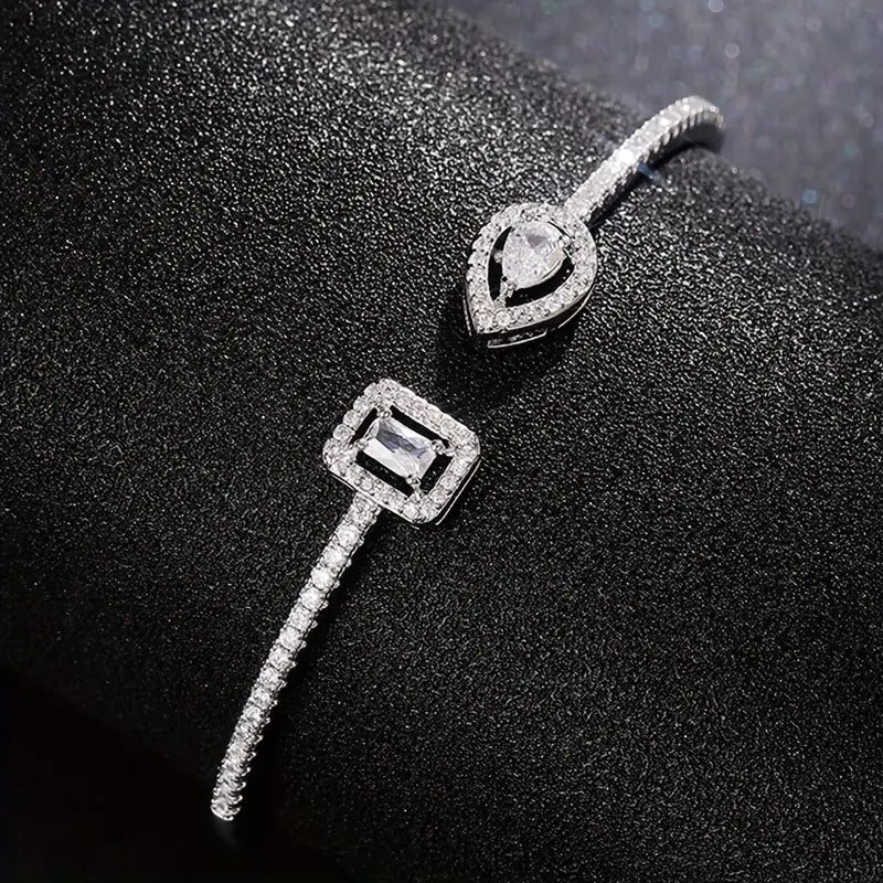 Elegant Geometric Cuff Bracelet with Sparkling Cubic Zirconia - Chic Women's Fashion Jewelry for Everyday & Festivals
