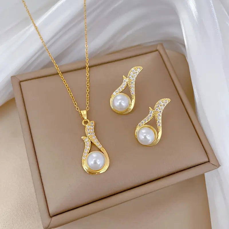 1 Set Fashion Fox Tail Flower Design Titanium Steel Necklace and Earrings.