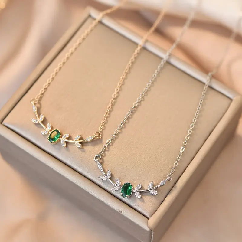 Elegant Copper Leaf & Branch Necklace with Cubic Zirconia for Women.