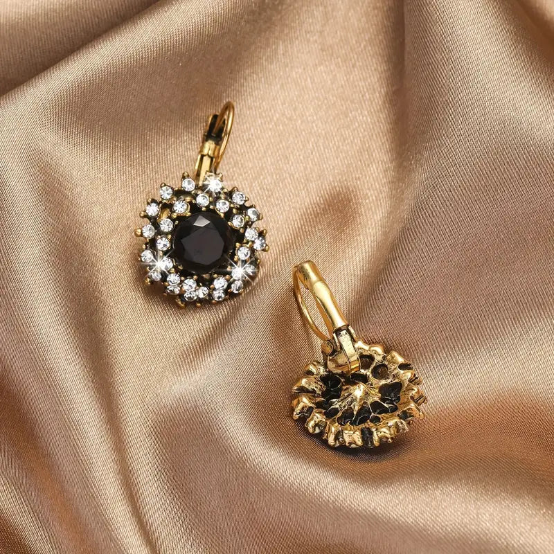 Women's Vintage Floral Stud Earrings - Golden-Tone Rhinestone Flower Jewelry with Green Gemstone